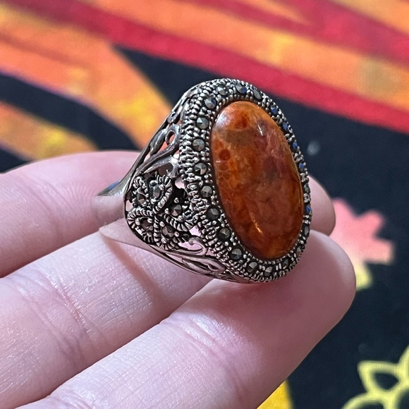Vintage Jewelry - VTG NK Signed Sponge Coral Marcasite Sterling Silver 925 Size 9 3/4 Ring